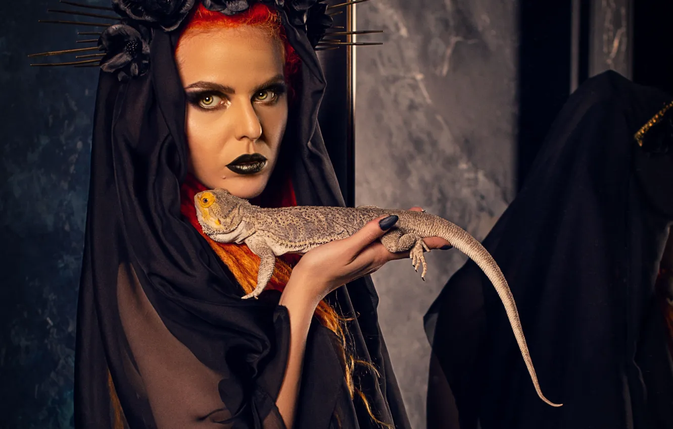 Photo wallpaper look, girl, flowers, face, pose, style, Gothic, black