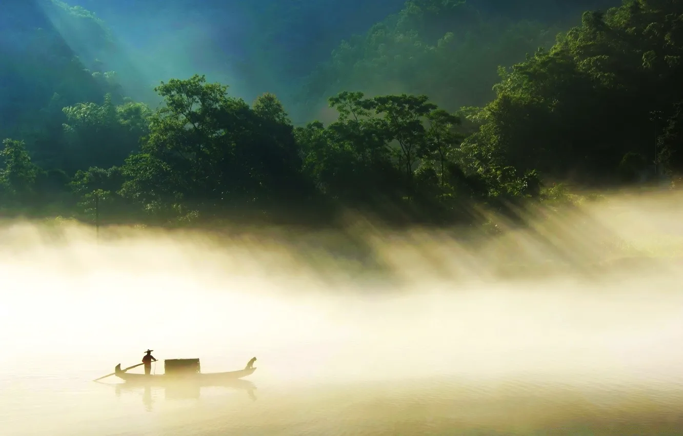 Photo wallpaper forest, nature, fog, river, boat, China