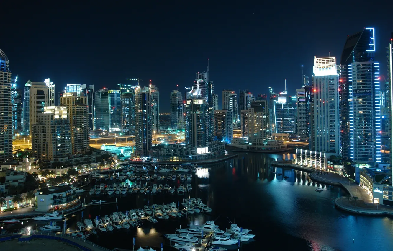 Photo wallpaper night, the city, lights, river, yacht