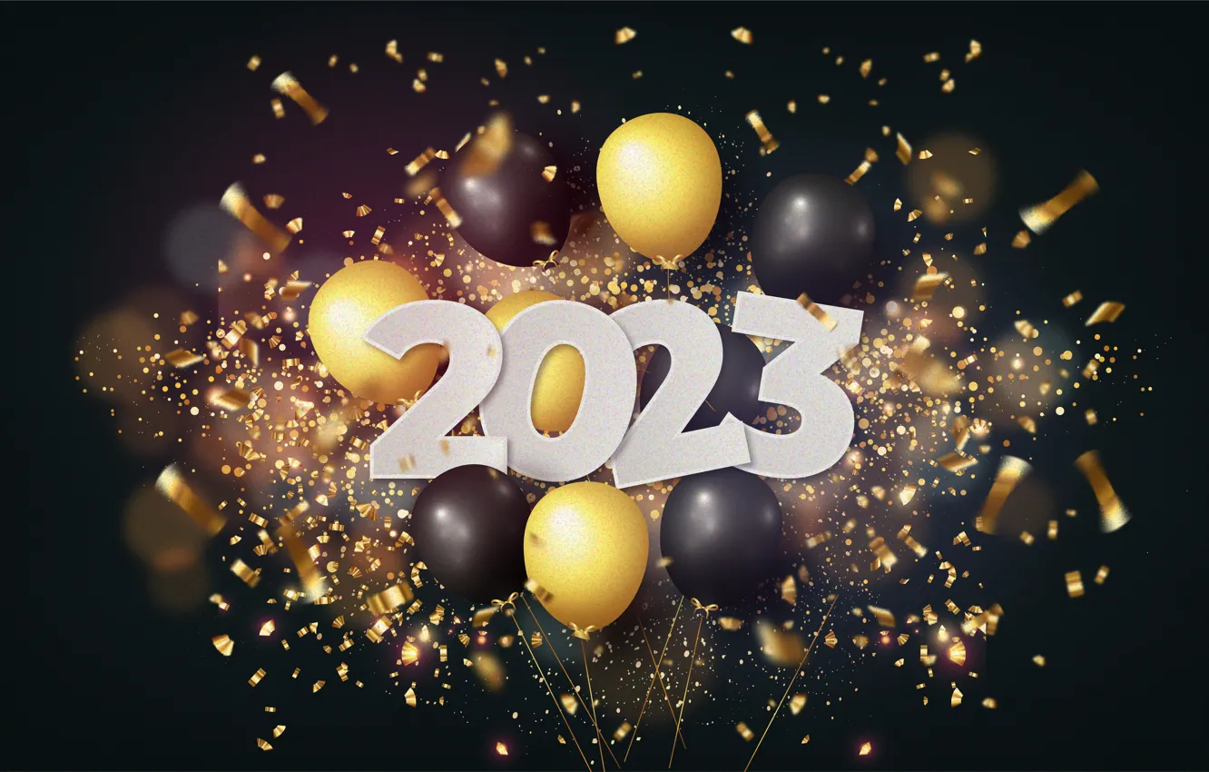 Photo wallpaper yellow, lights, balloons, the dark background, black, Shine, new year, sequins