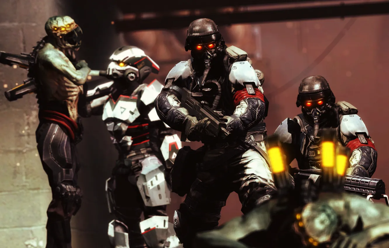 Photo wallpaper fiction, the game, soldiers, alien, helmet, Resistance, killzone, Hybrid