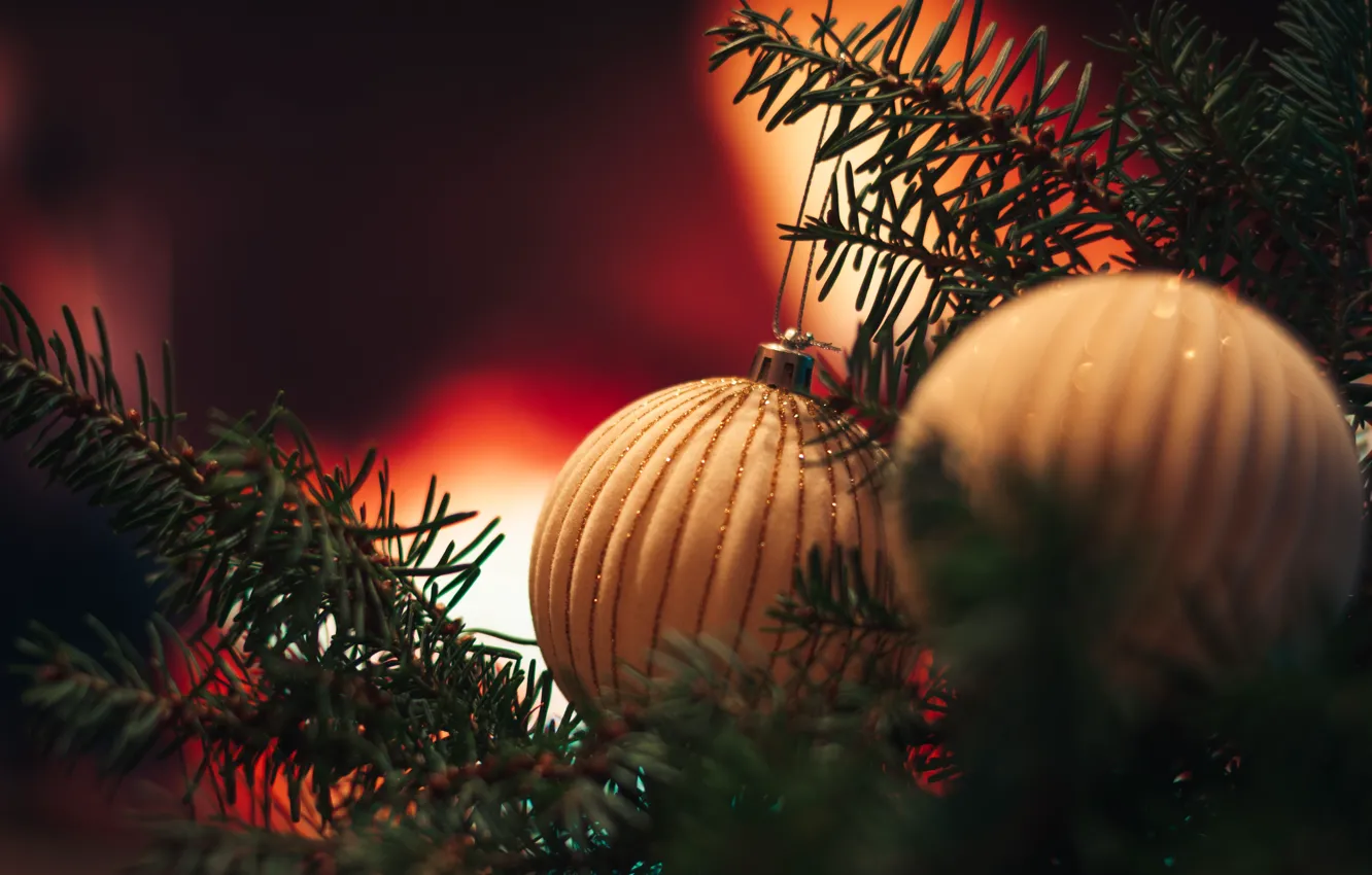 Photo wallpaper balls, holiday, balls, Christmas, New year, needles, bokeh, Christmas decorations