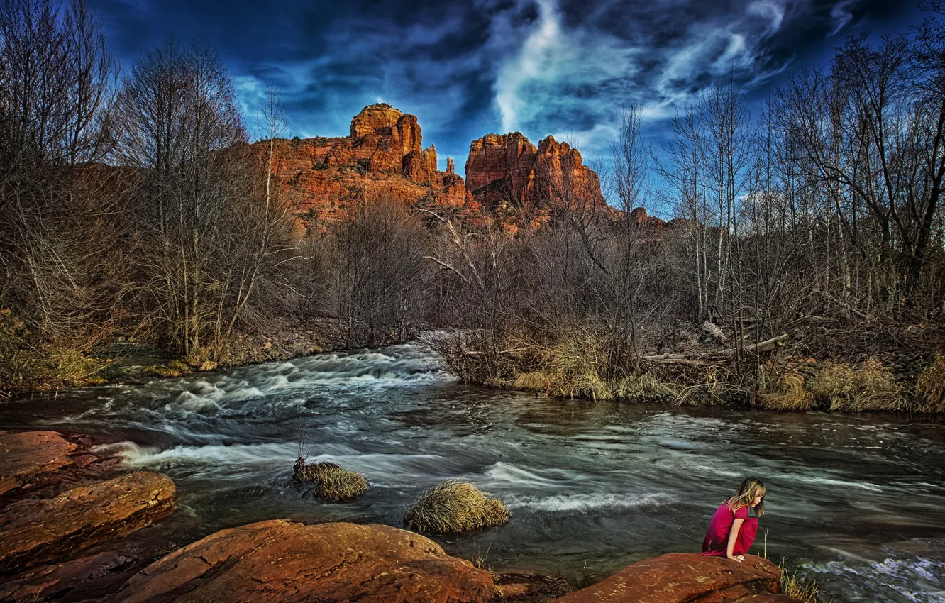 Photo wallpaper girl, river, Arizona, Sedona, Cathedral Rock