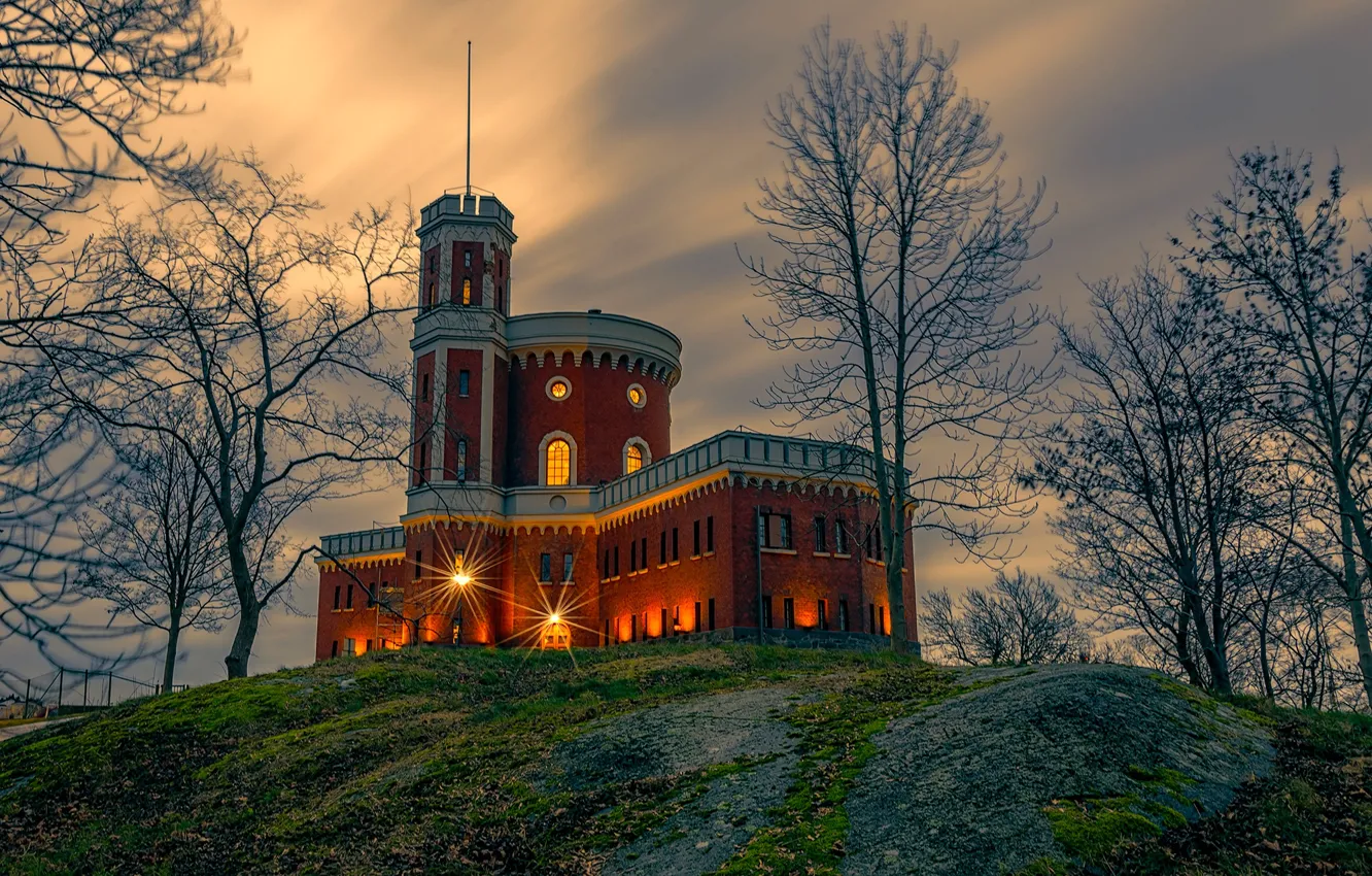Photo wallpaper the sky, grass, trees, lights, castle, hills, island, the evening