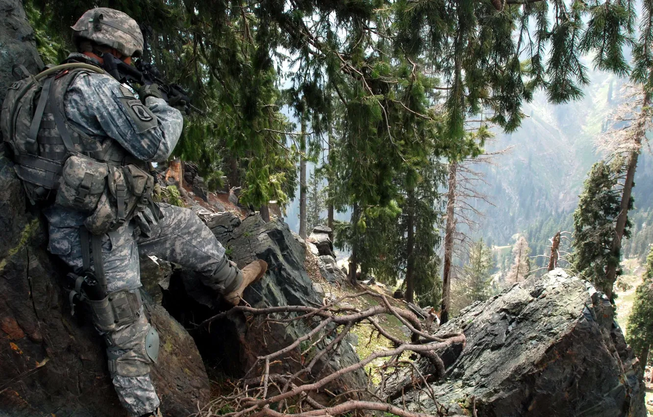 Photo wallpaper mountains, weapons, soldiers