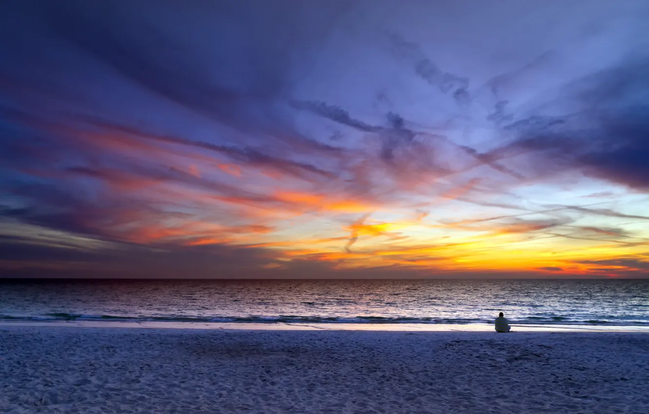 Photo wallpaper sea, sunset, loneliness, shore, people