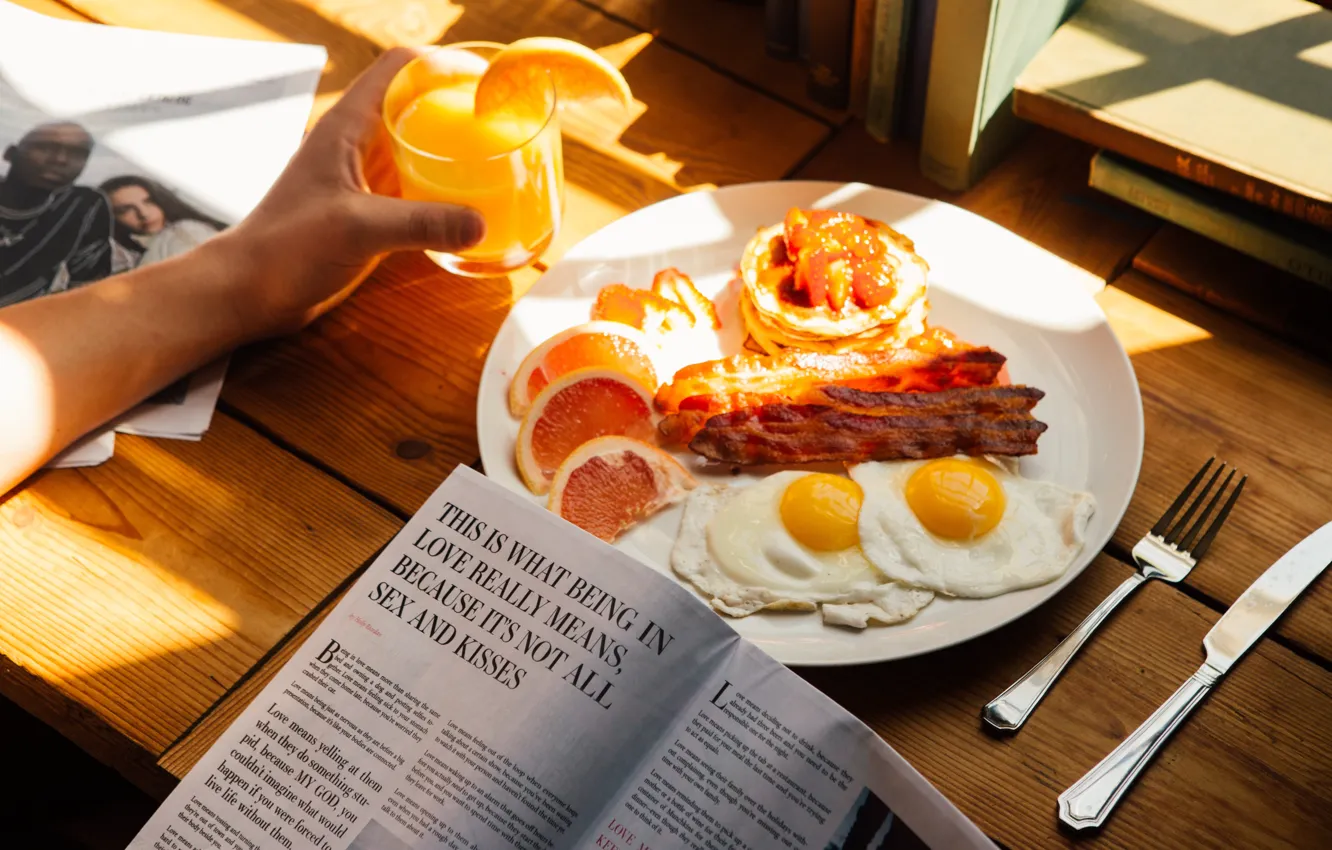Photo wallpaper the sun, light, orange, Breakfast, morning, juice, newspaper, scrambled eggs