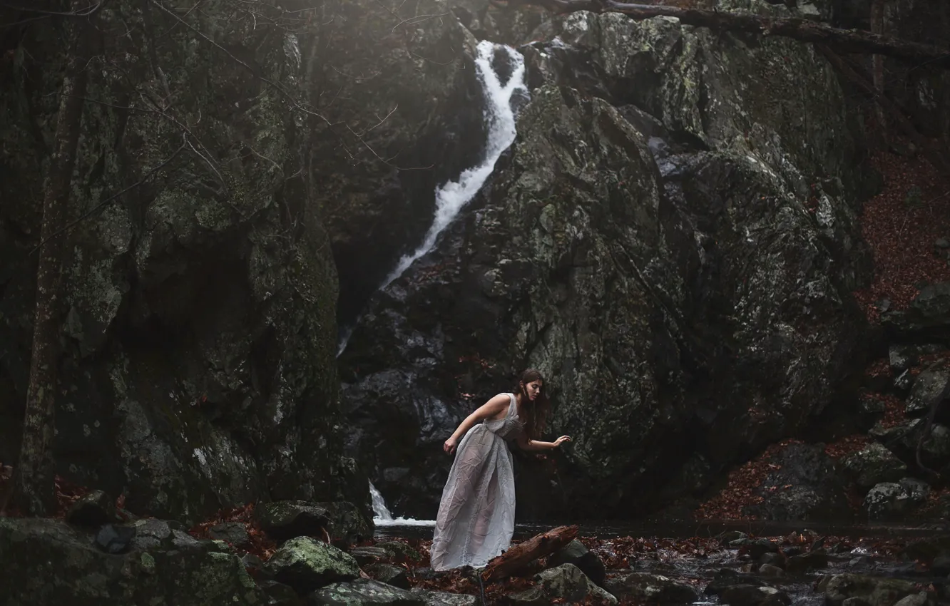 Photo wallpaper girl, stones, waterfall, Aleah Michele, Nothing but silence