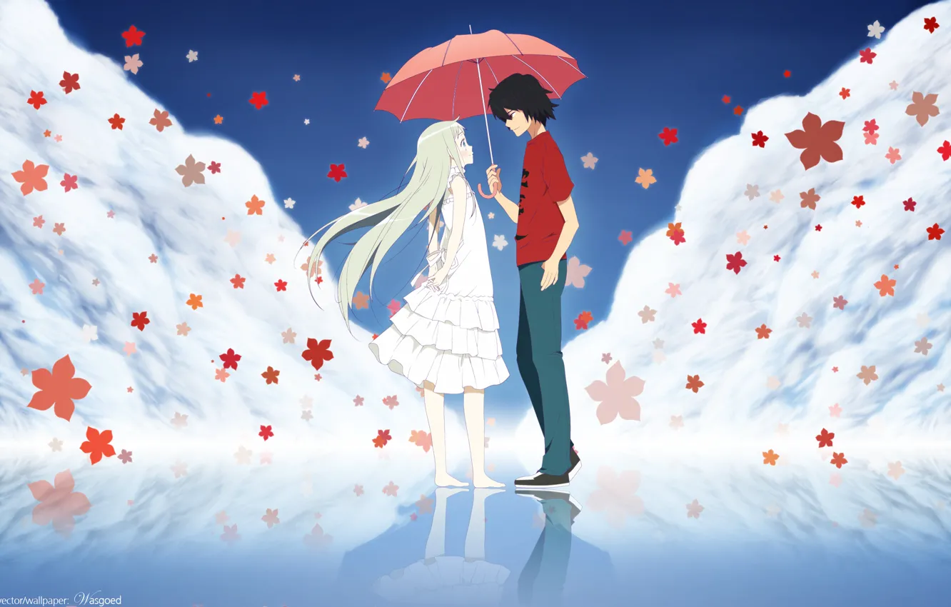 Photo wallpaper red, umbrella, anime, blonde, pair, brunette, Ano Hana, ano hi mita