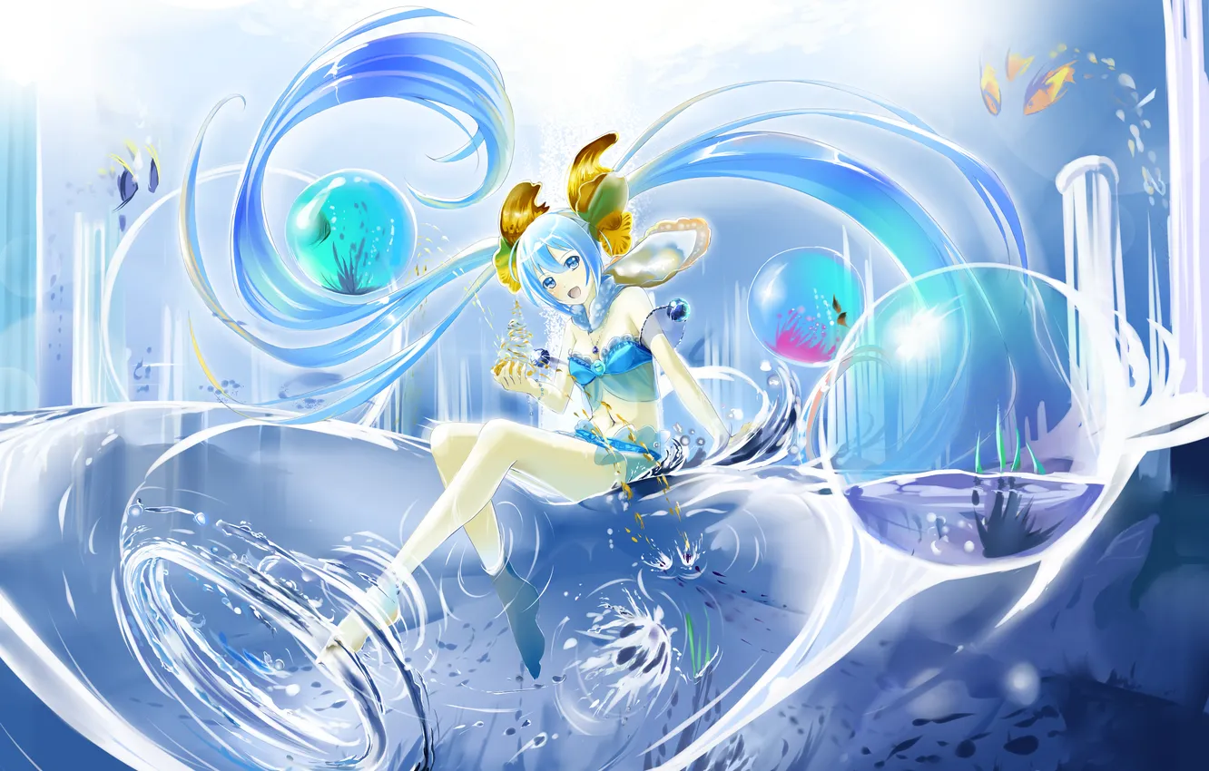 Photo wallpaper wave, look, water, girl, fish, smile, bubbles, feet