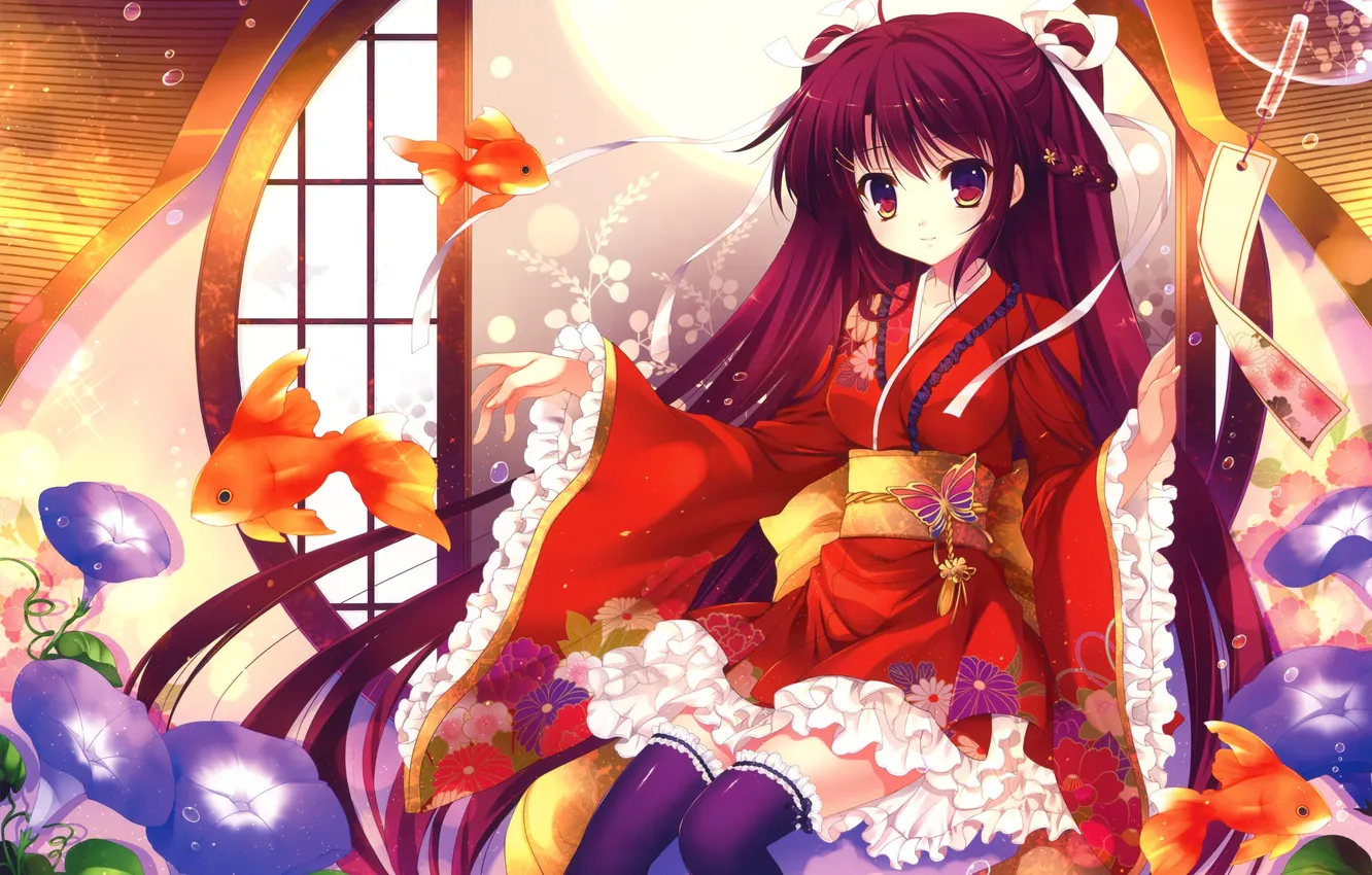 Photo wallpaper girl, fish, flowers, fish, window, art, sitting, bindweed