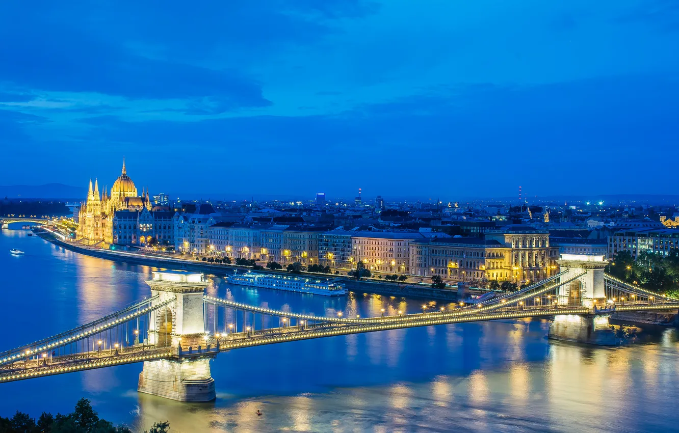 Photo wallpaper night, bridge, lights, river, Parliament, Hungary, Budapest, The Danube