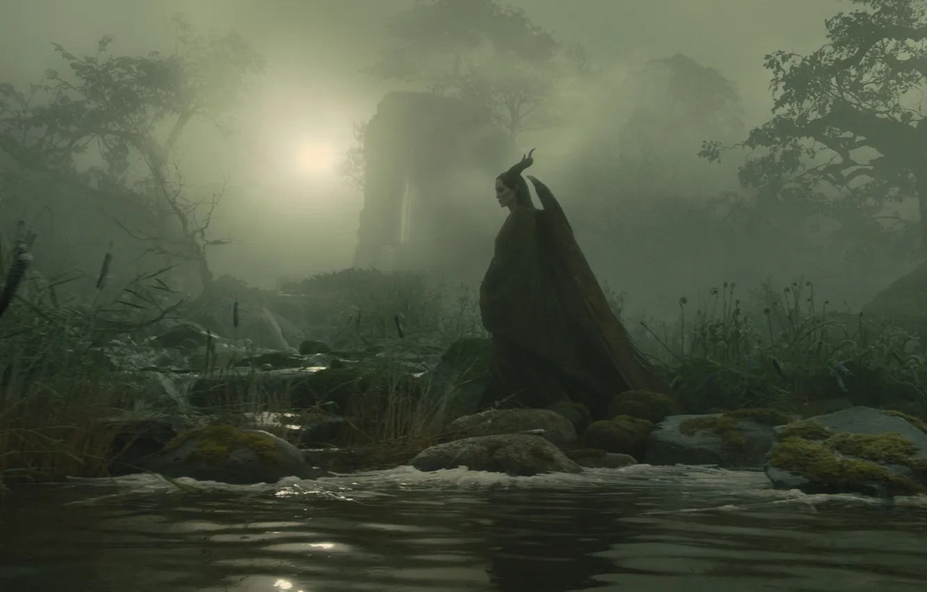 Photo wallpaper forest, night, river, the film, horns, staff, witch, Maleficent