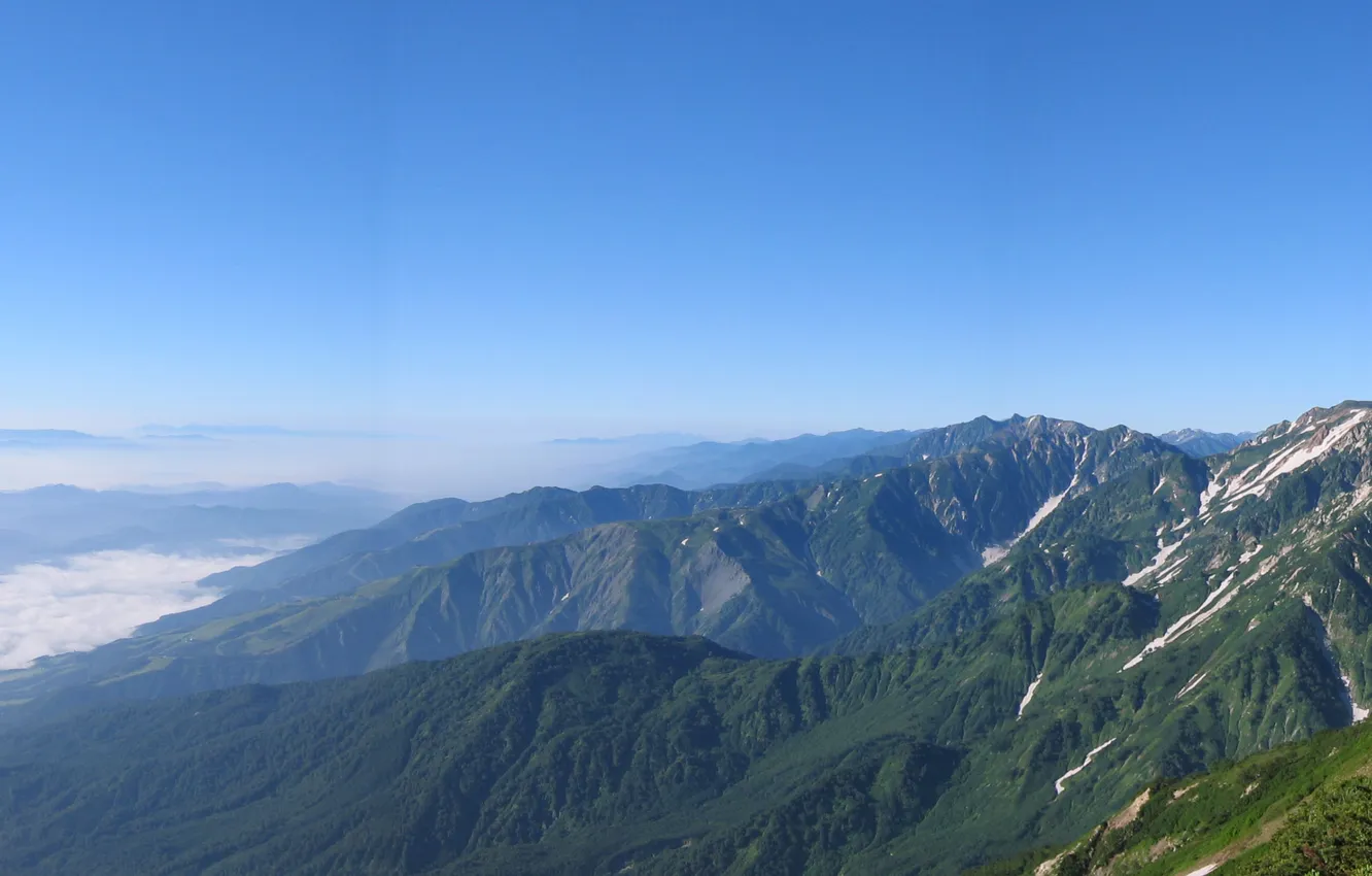 Photo wallpaper the sky, grass, clouds, snow, landscape, mountains, tops, height