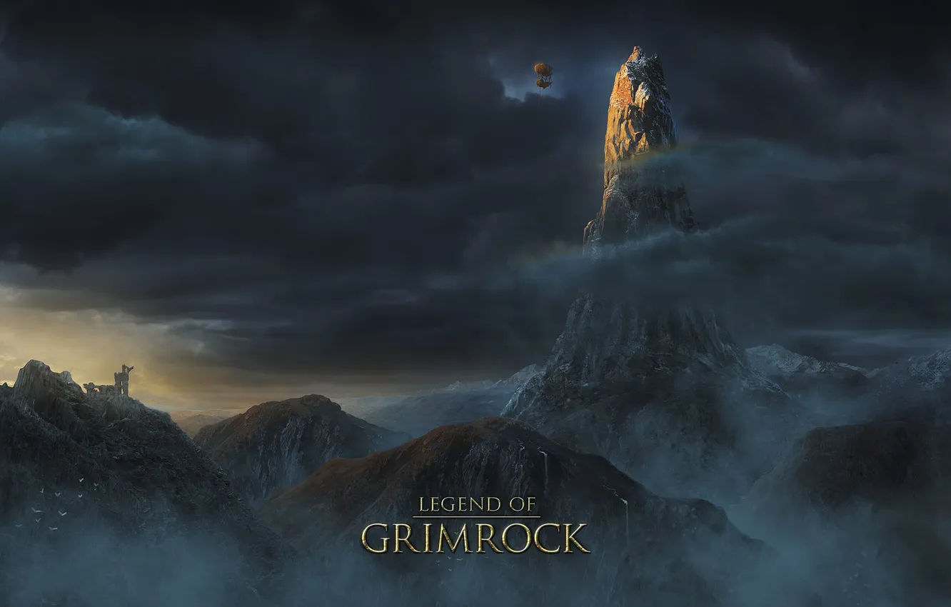 Photo wallpaper clouds, mountains, fog, the airship, ruins, legend of grimrock
