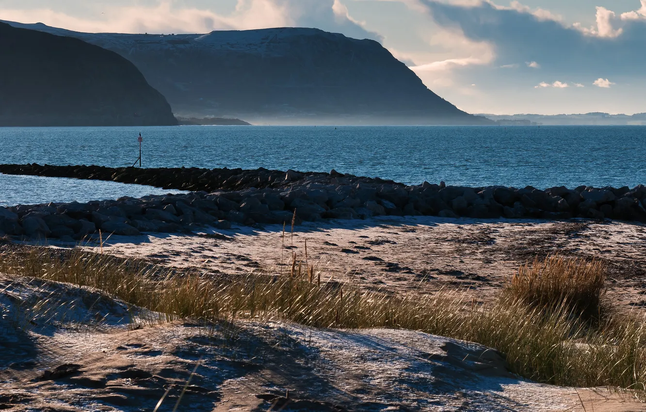 Photo wallpaper sand, sea, grass, water, mountains, the ocean, shore, coast
