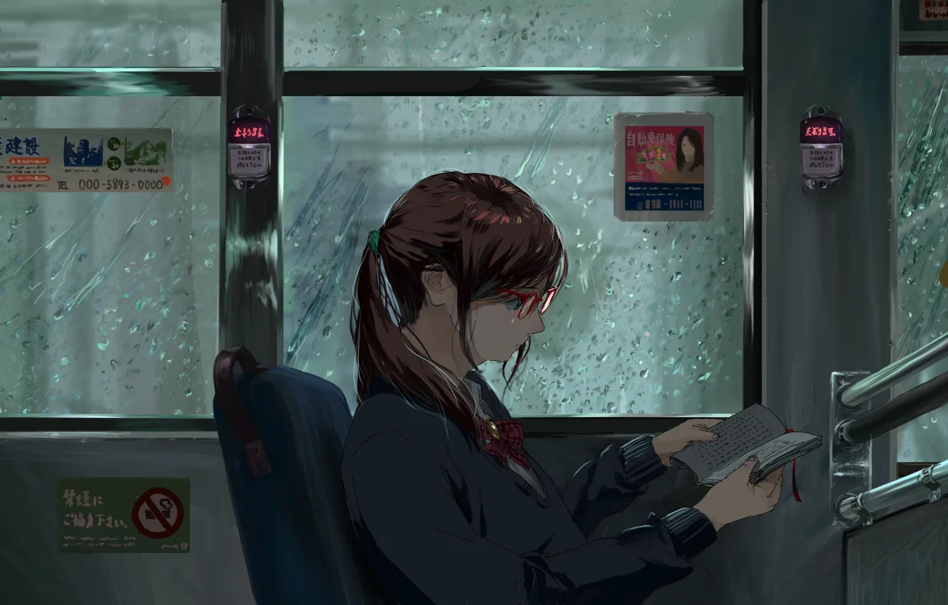 Photo wallpaper girl, rain, bus, reads