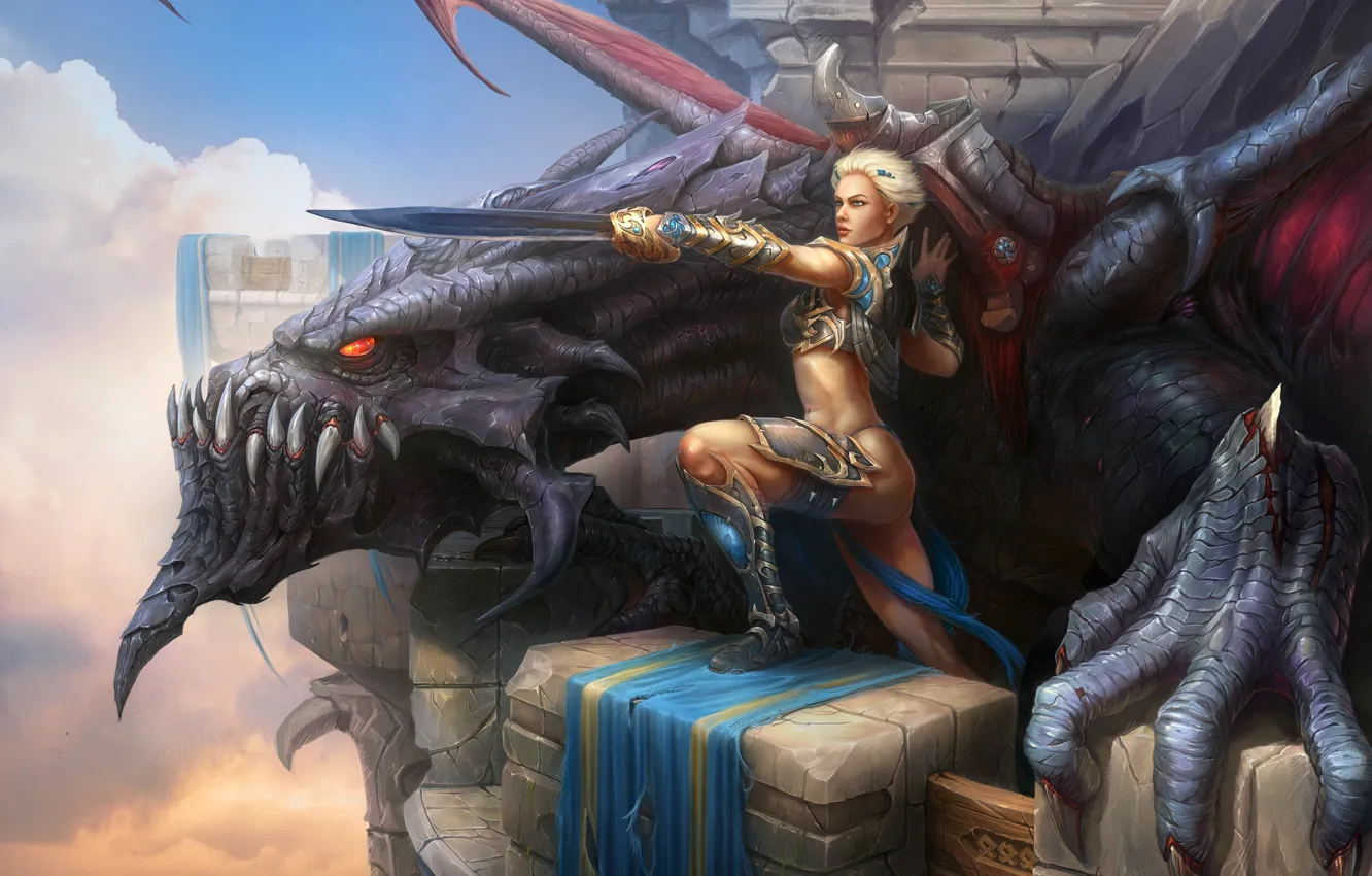 Photo wallpaper girl, dragon, figure, monster, sword, art, blonde, lizard