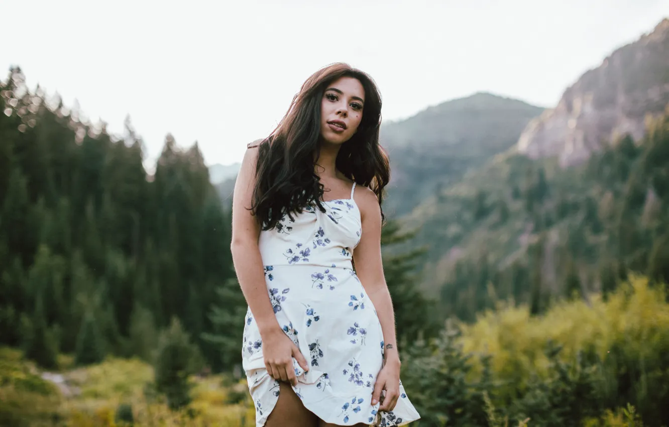 Photo wallpaper girl, nature, face, hair, dress