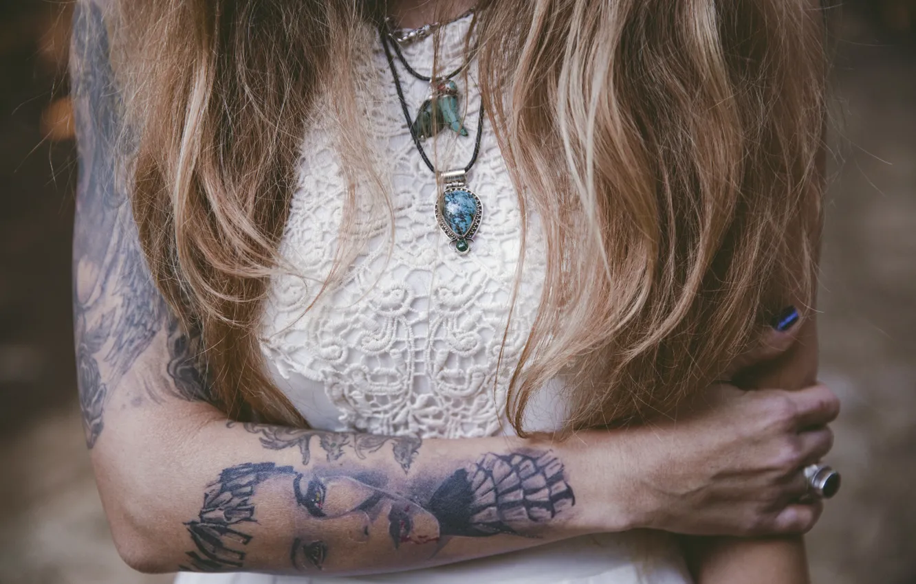 Photo wallpaper girl, hair, tattoo, pendant, tattoo, curls, suspension