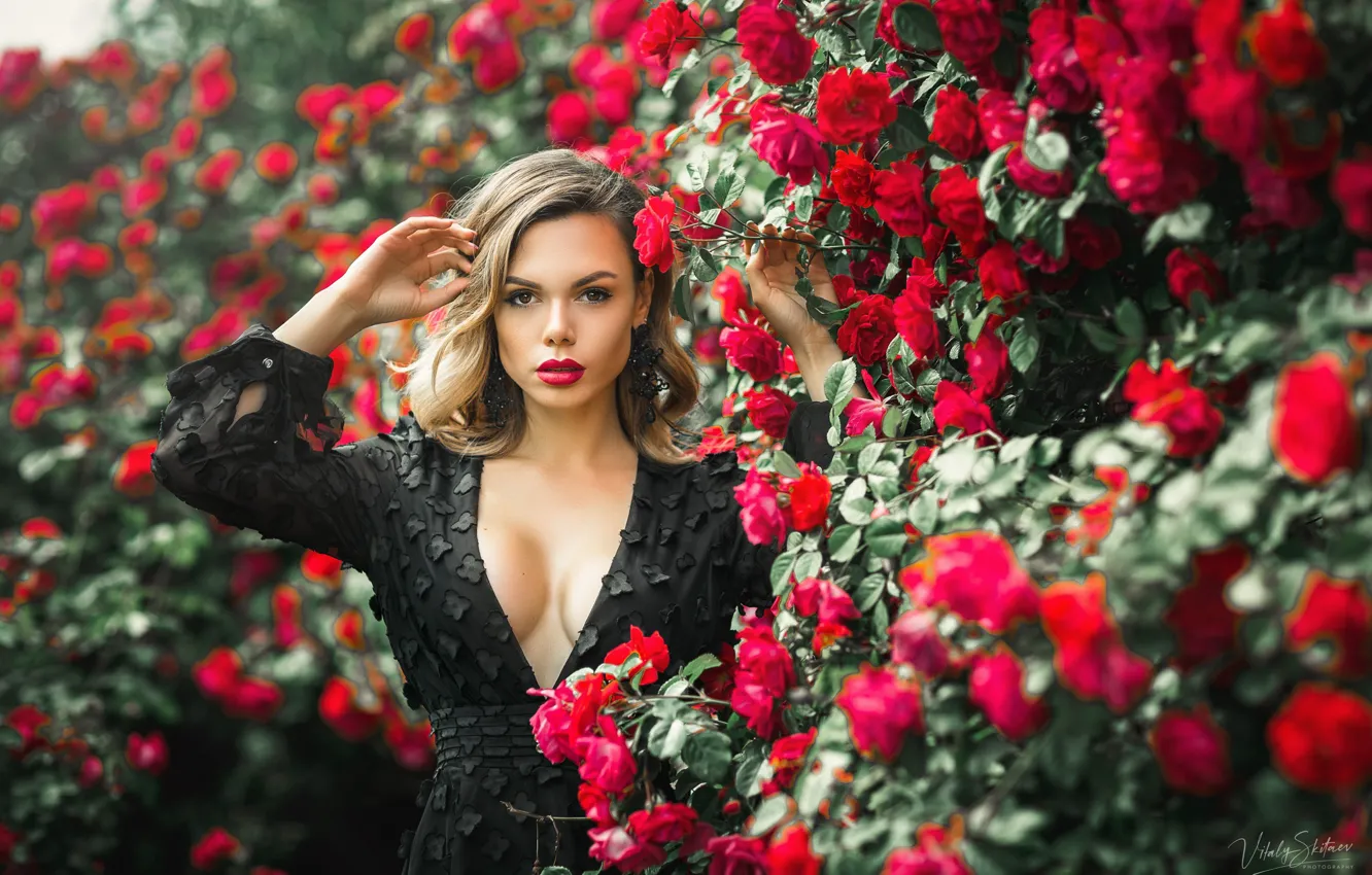 Photo wallpaper flowers, Girl, dress, neckline, Galina Belokurova, Vitaly Kitaev