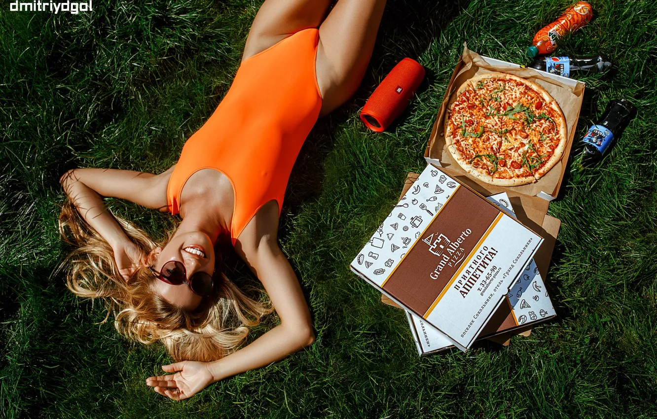 Photo wallpaper swimsuit, grass, girl, pose, smile, stay, bottle, figure