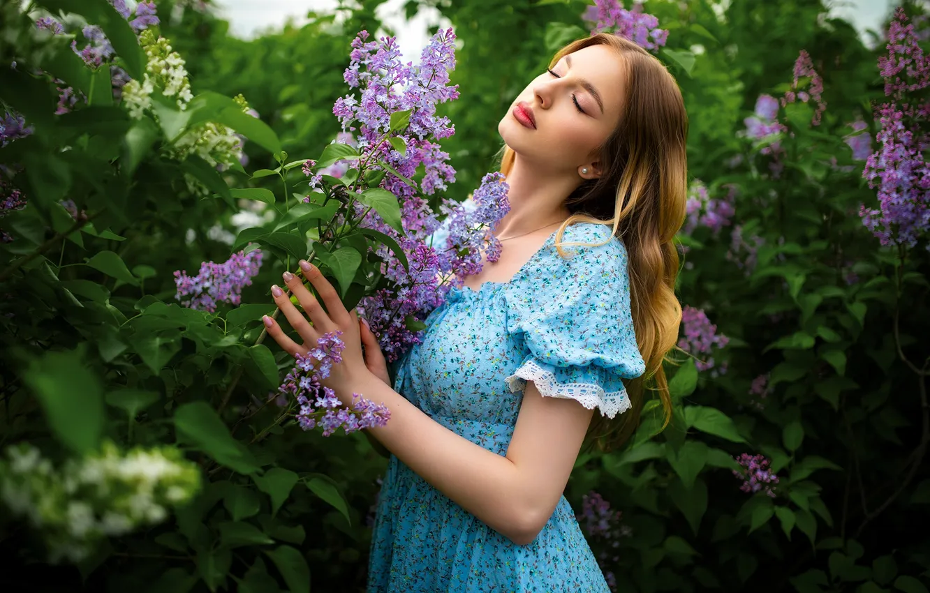 Photo wallpaper girl, pose, mood, dress, long hair, lilac, closed eyes, Dmitry Shulgin