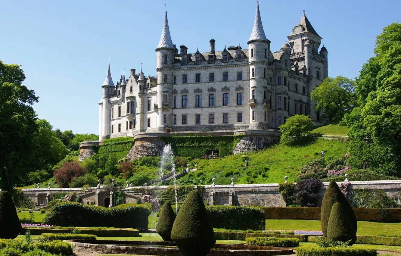 Photo wallpaper the sky, trees, landscape, flowers, Park, castle, lawn, plant