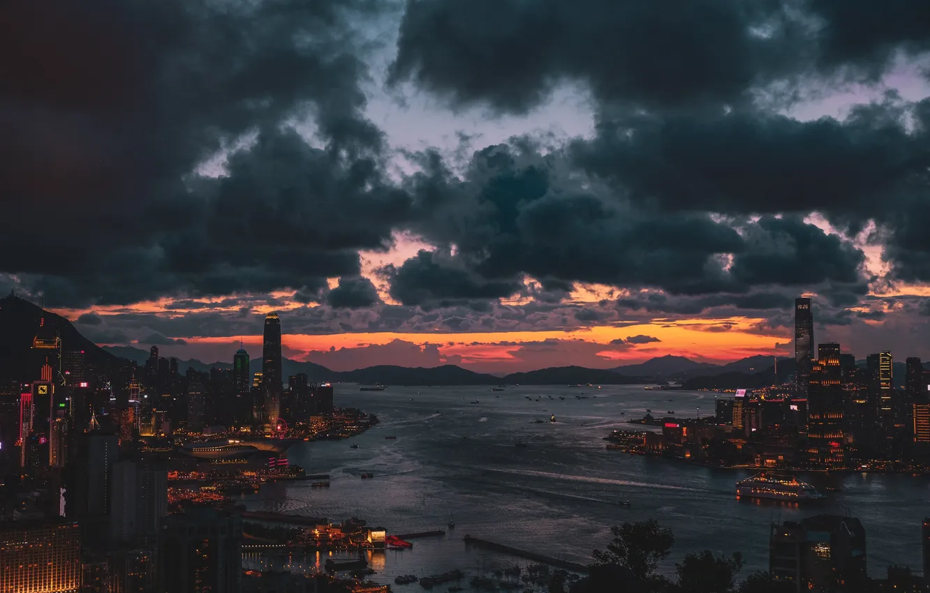 Photo wallpaper the sky, clouds, sunset, city, the city, building, height, Hong Kong