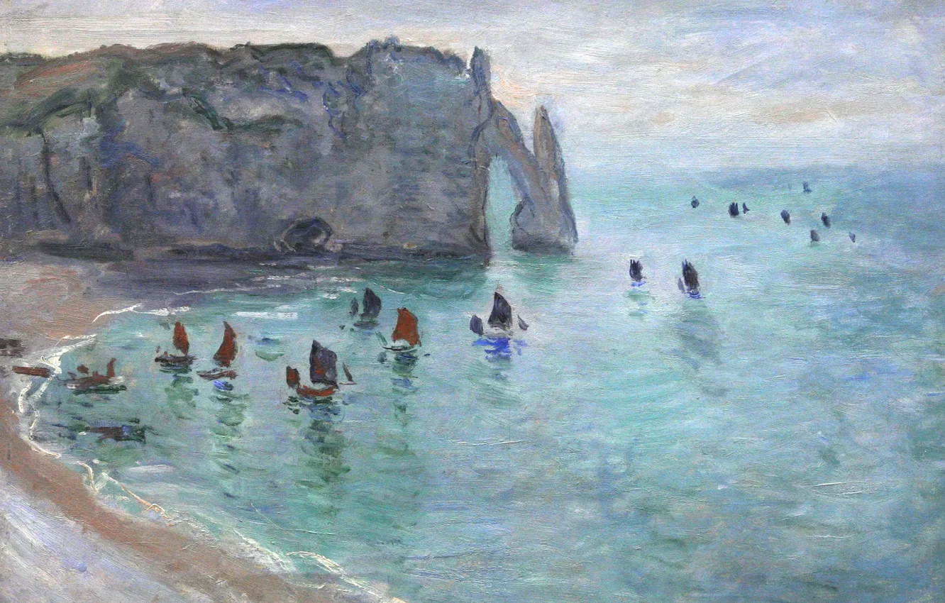 Photo wallpaper sea, rock, picture, boats, arch, sail, seascape, Claude Monet