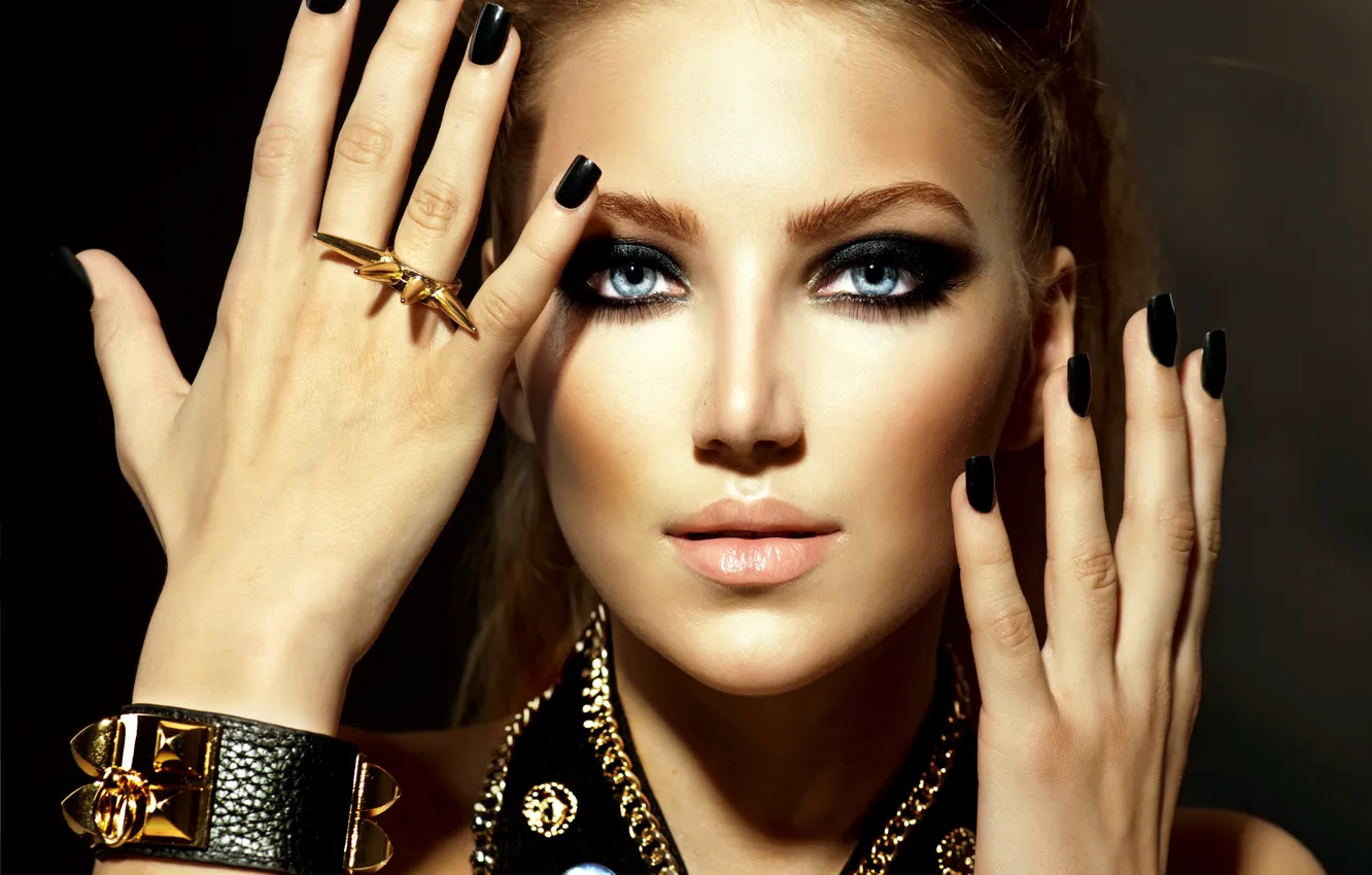 Photo wallpaper eyes, girl, face, style, model, hands, makeup, bracelet