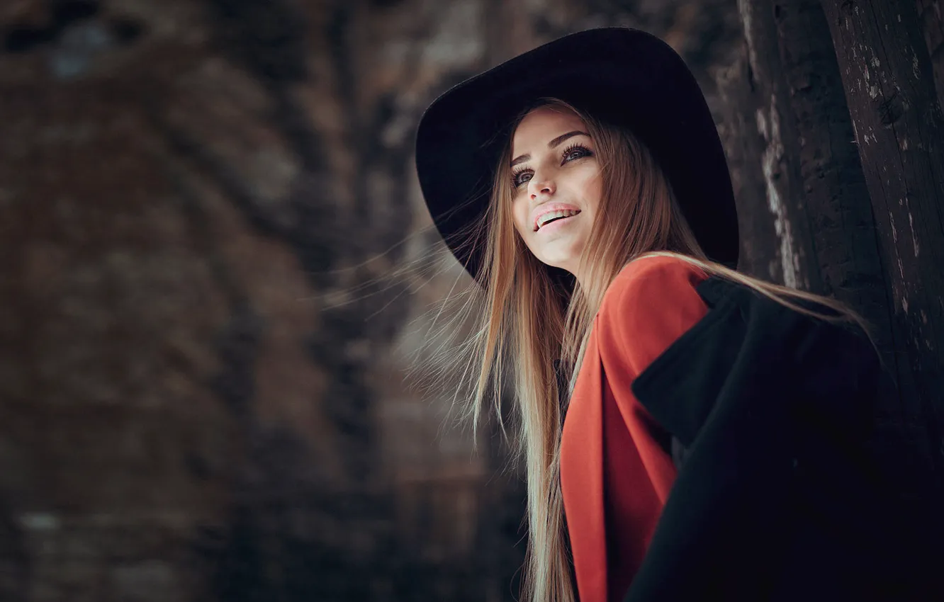 Photo wallpaper Girl, Red, Model, Beauty, View, Lips, Hat, Nice