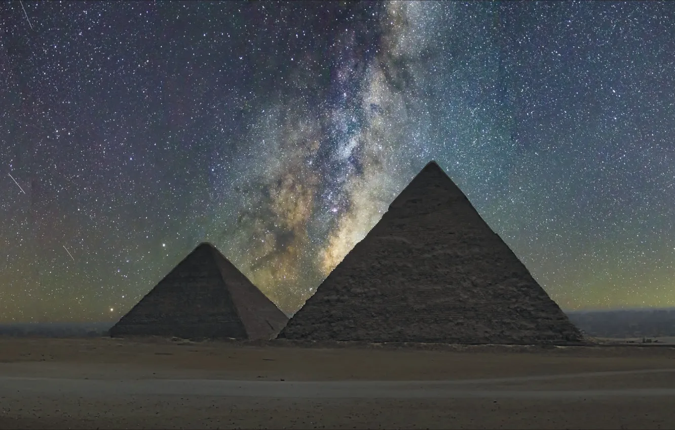 Photo wallpaper stars, landscape, night, desert, pair, pyramid, Egypt
