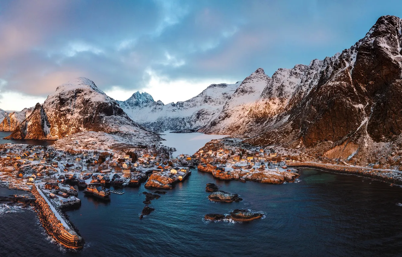 Photo wallpaper sea, mountains, the city, rocks, Norway, Mountains