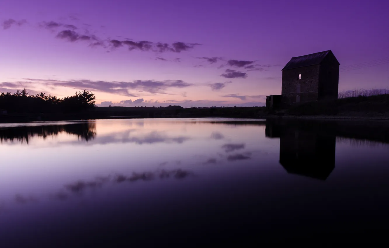 Photo wallpaper the sky, clouds, water, forest, trees, home, lake
