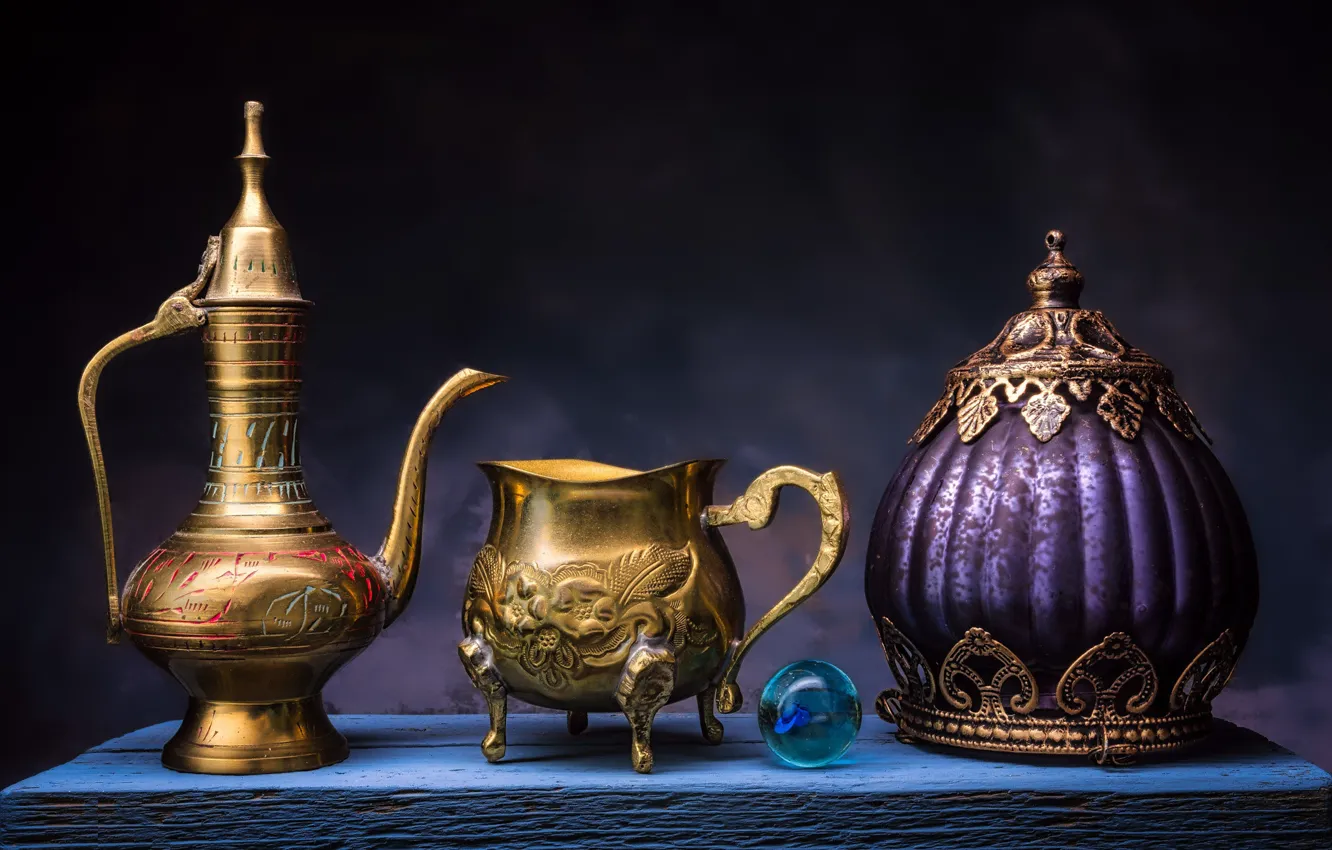 Photo wallpaper balls, metal, the dark background, table, dishes, pitcher, still life, vintage