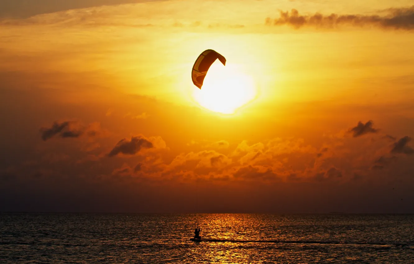 Photo wallpaper sea, the sun, clouds, sunset, reflection, horizon, sunshine, sea