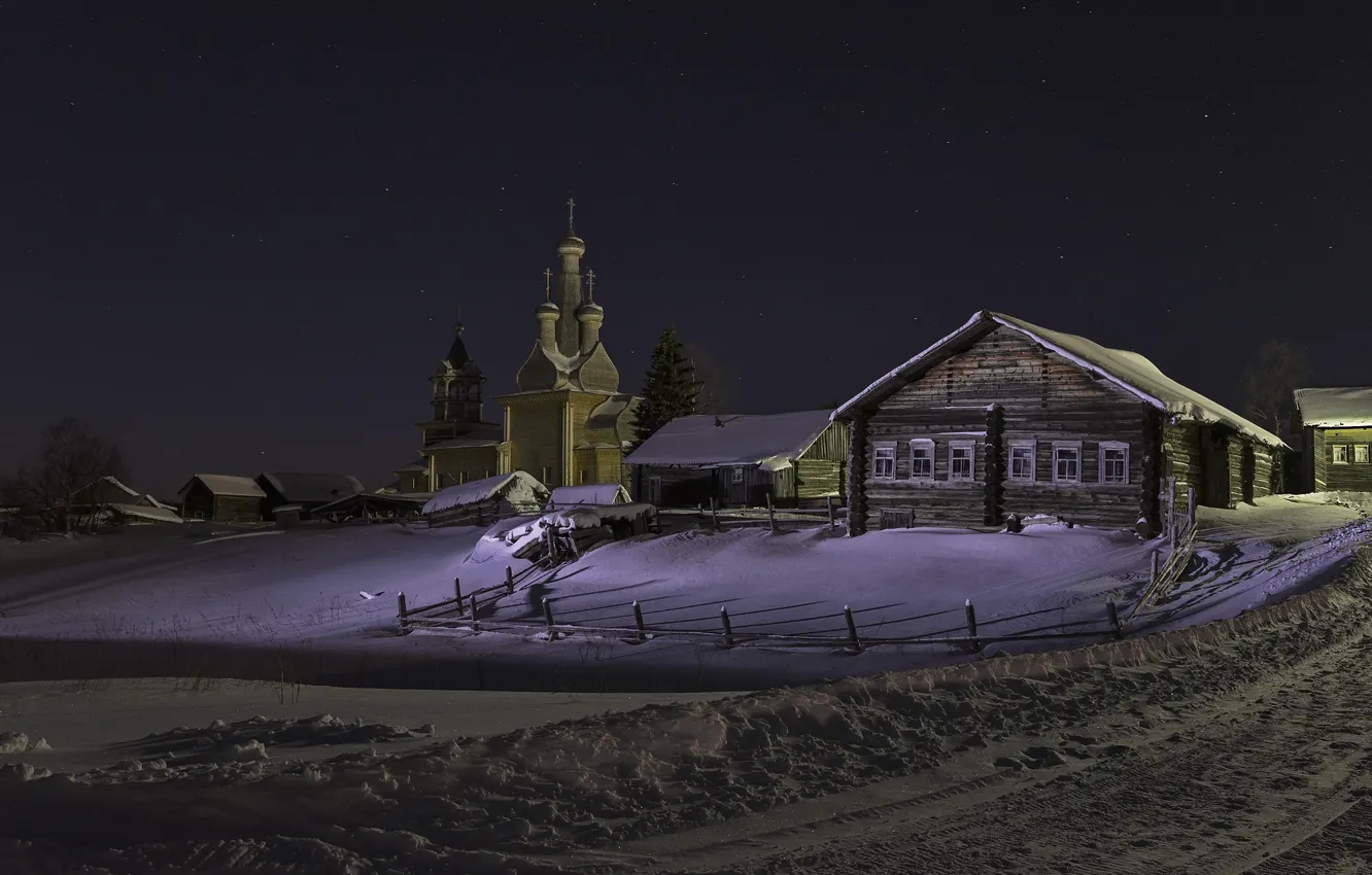 Photo wallpaper winter, road, the sky, stars, snow, landscape, night, nature