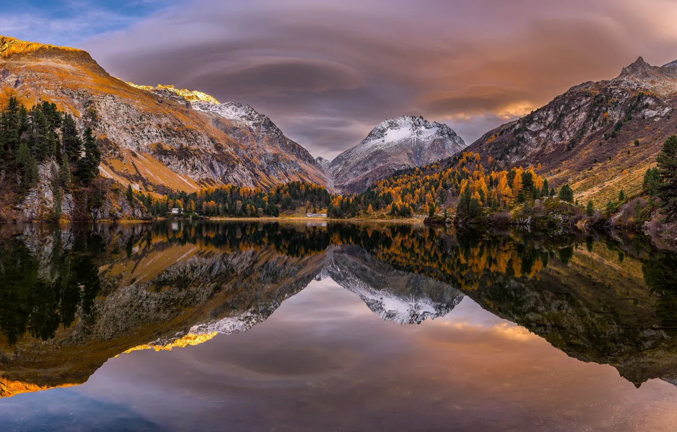 Photo wallpaper sky, Switzerland, trees, autumn, mountains, clouds, lake, reflection