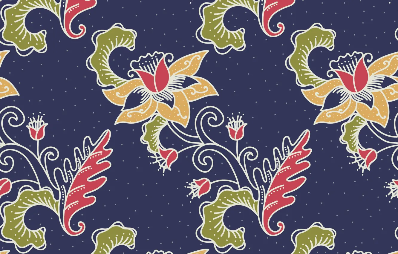 Photo wallpaper flowers, texture, flower, blue background, background, ornament, batik