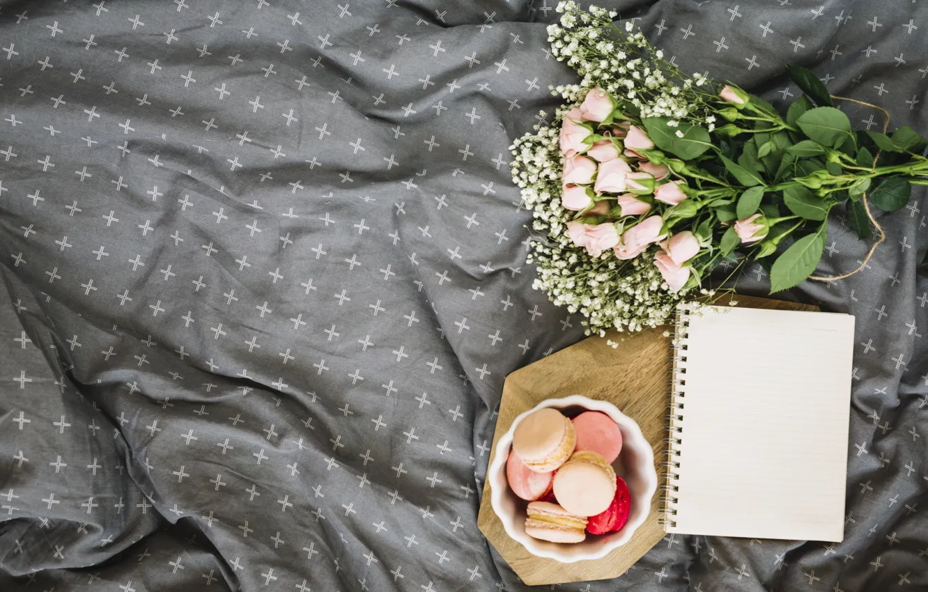 Photo wallpaper flowers, roses, blanket, cake, pink, flowers, roses, macaroon