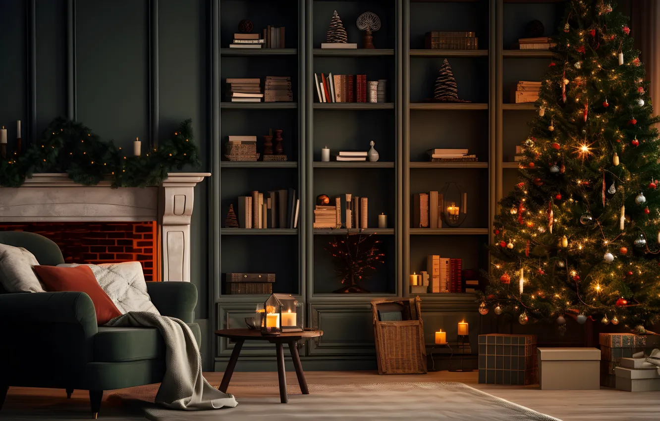 Photo wallpaper decoration, room, gift, balls, tree, new year, interior, Christmas