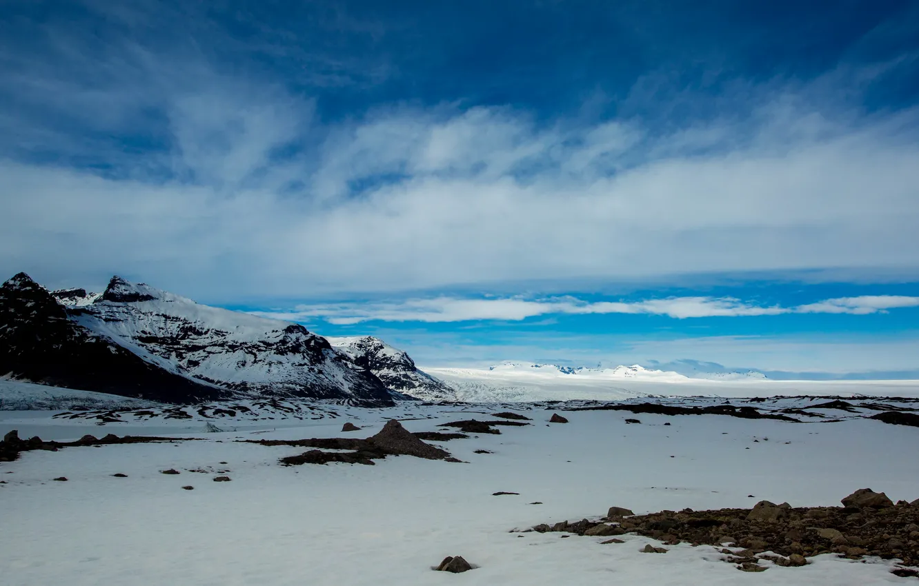 Photo wallpaper winter, the sky, clouds, snow, mountains, blue, stones, rocks