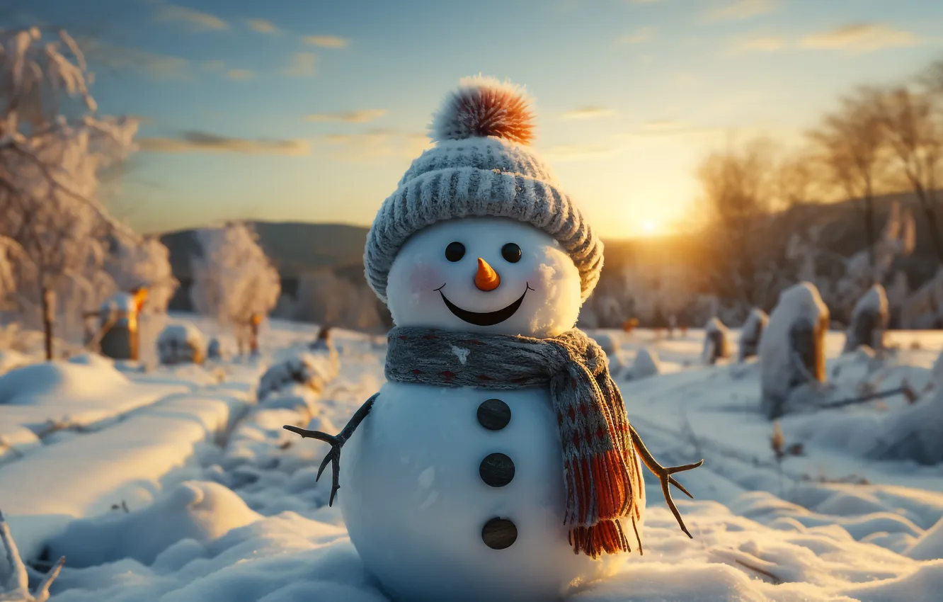 Photo wallpaper winter, snow, new year, Christmas, snowman, Christmas, winter, snow