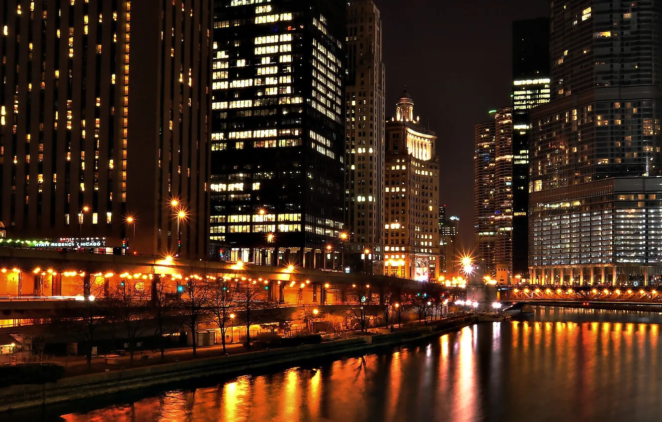 Photo wallpaper night, lights, skyscrapers, lights, Chicago, Chicago, Michigan