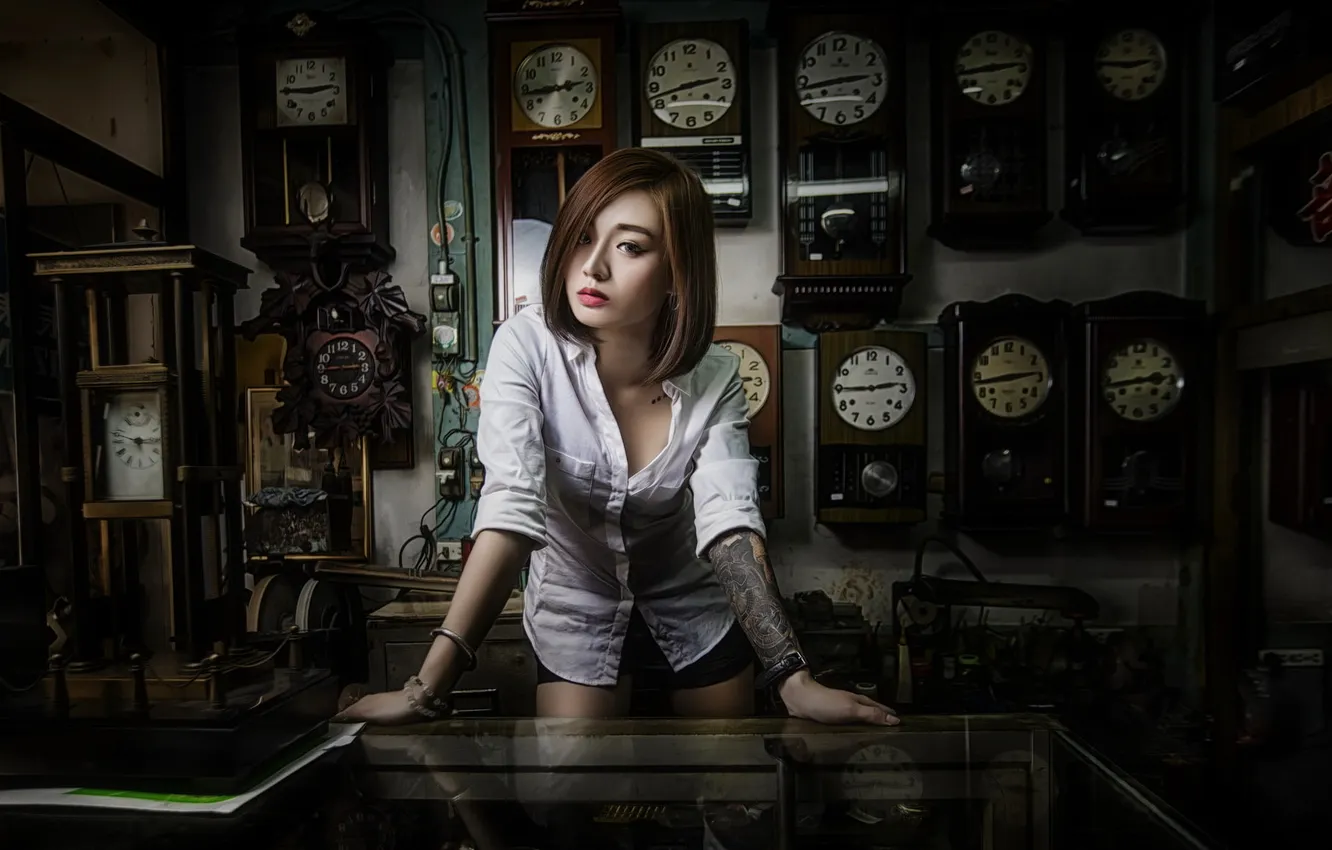 Photo wallpaper girl, pose, watch
