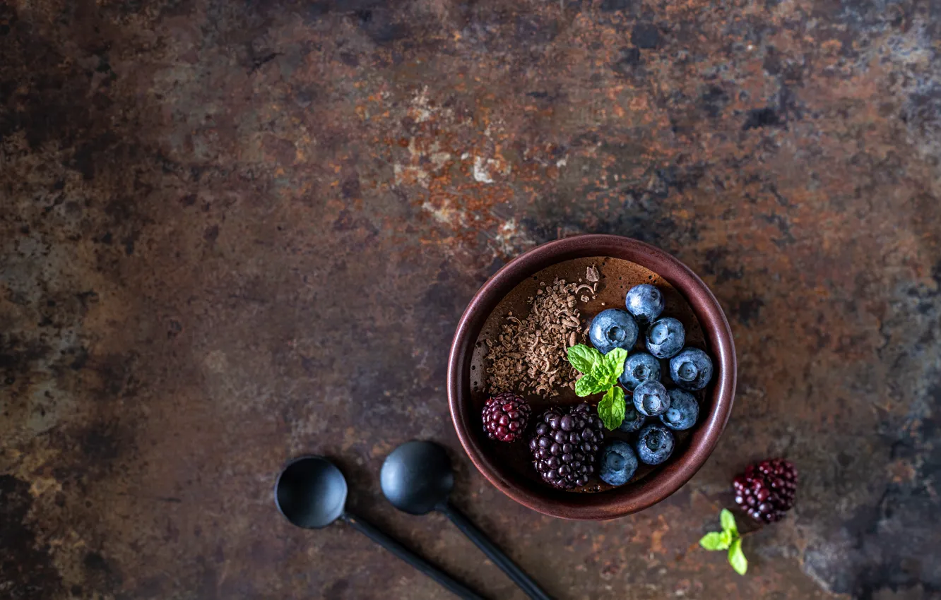 Photo wallpaper berries, blueberries, spoon, bowl, mint, dessert, BlackBerry, brown background