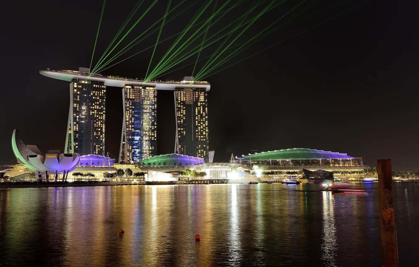 Photo wallpaper sea, landscape, night, the city, night lights, Singapore, night city