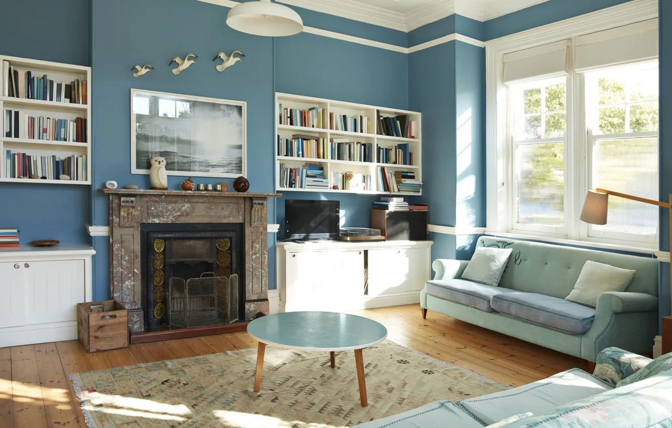 Photo wallpaper room, interior, fireplace, library, living room