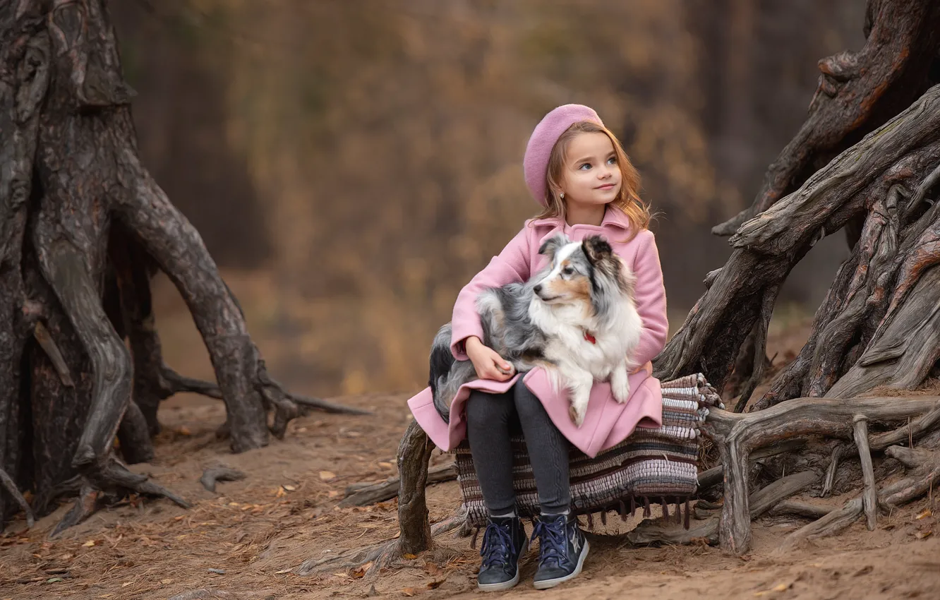 Photo wallpaper trees, nature, dog, girl, child, Irina Kovaleva
